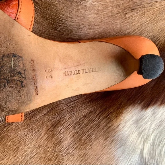 MANOLO BLAHNIK strap leather kitten heels mules orange brown size 36 - Picture 7 of 12
